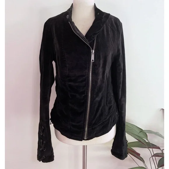 EUC Free People Lacey Velvet Corset Lace Tied Black Moto Jacket Small​​​​​
